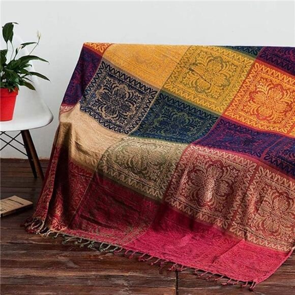 Boho Throw Blanket, Chenille Jacquard Tassels Throw Blankets for Bed Couch Soft - Picture 3 of 7
